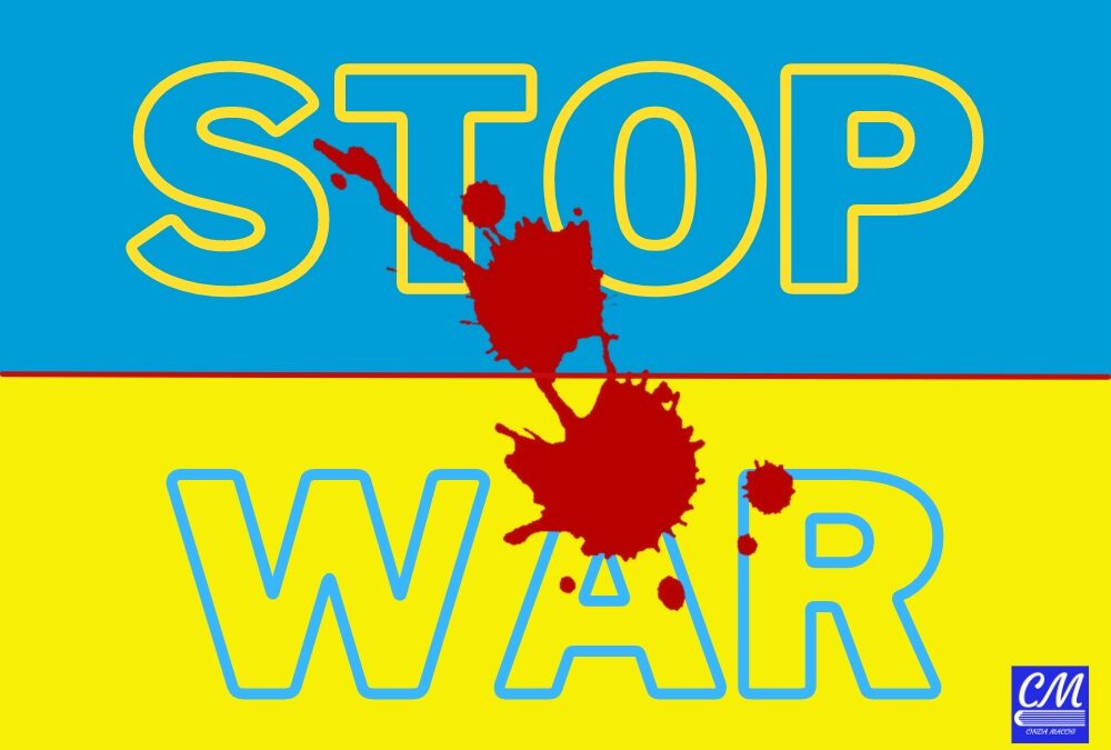 Bandiera Ucraina macchiata di sangue con scritta STOP WAR