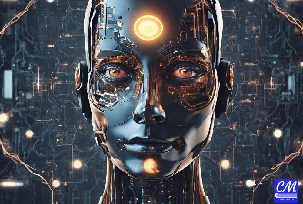 Intelligenza Artificiale generativa: viso robotico con lume sulla fronte